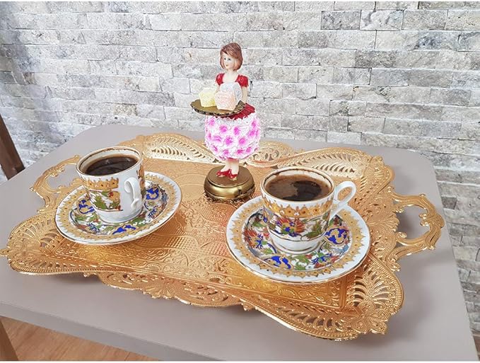 Gold Turkish Coffee Tea Serving Tray Table Home Decor Decorative Handle - Gold Vintage Brass Fancy Rectangle Style Traditional Rustic Bar Outdoor Wedding Arabic Farmhouse Wedding Decor Tray