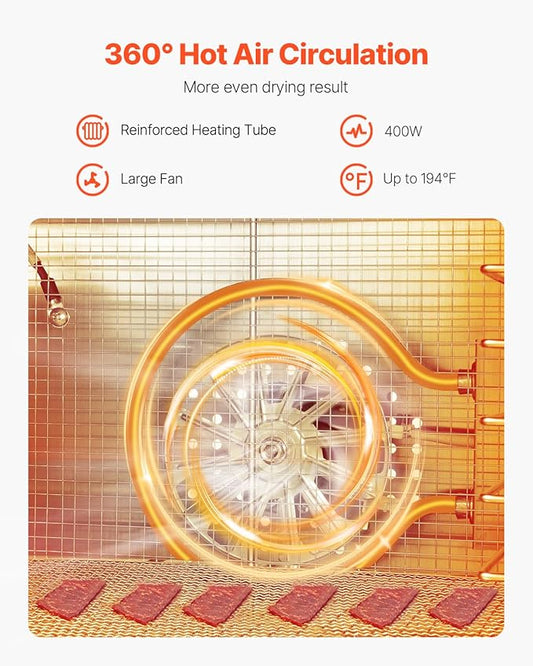 VEVOR Food Dehydrator Machine, 6 Stainless Steel Trays, 400W Electric Food Dryer with Adjustable Temperature & 24-Hour Timer, Food Dryer for Jerky, Meat, Fruit, Vegetables, Herbs, Dog Treats