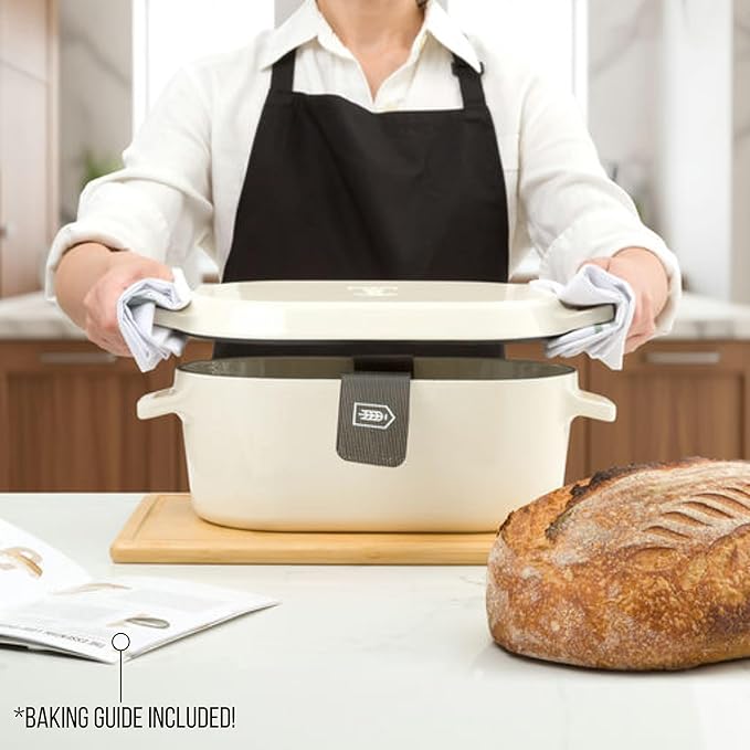 KooK Dutch Oven, For Sourdough Baking, Dual Handles, Enameled Cast Iron, includes Silicone Mat and Sourdough Guide, Dishwasher Safe, 5 Qt, (Ivory)