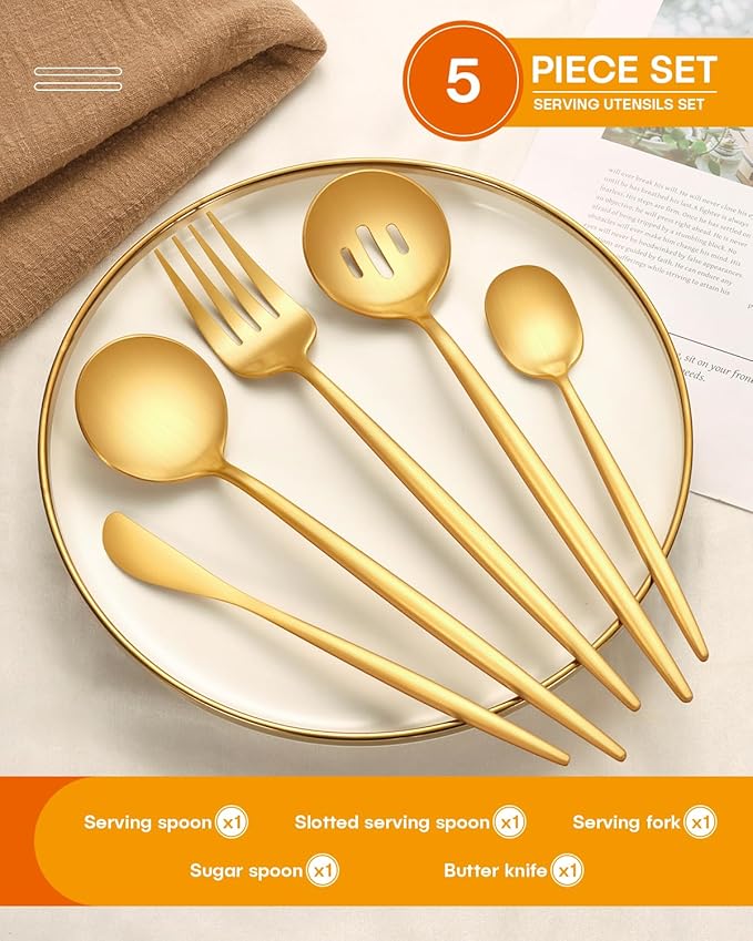 EUIRIO 5PCS Large Serving Utensils Set, Matte Gold Hostess Flatware Serving Utensils, Heavy Duty Stainless Steel Serving Spoon, Slotted Spoon, Serving Fork, Sugar Spoon&Butter Knife, Dishwasher Safe