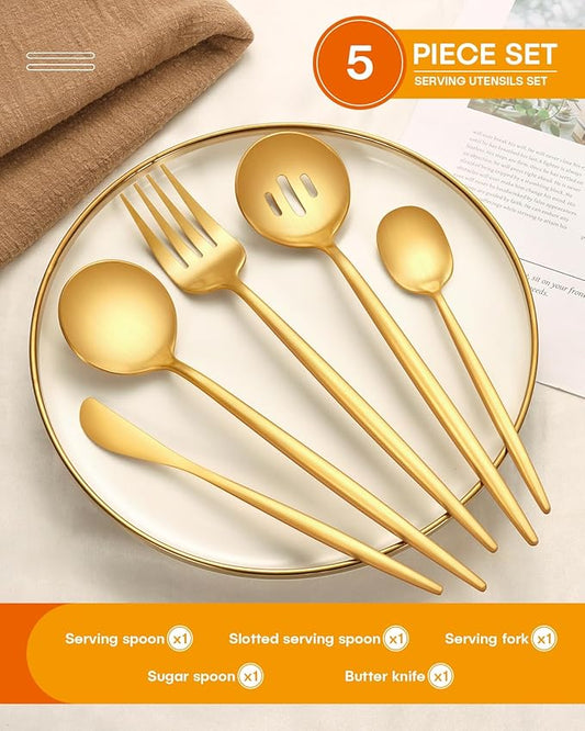 EUIRIO 5PCS Large Serving Utensils Set, Matte Gold Hostess Flatware Serving Utensils, Heavy Duty Stainless Steel Serving Spoon, Slotted Spoon, Serving Fork, Sugar Spoon&Butter Knife, Dishwasher Safe