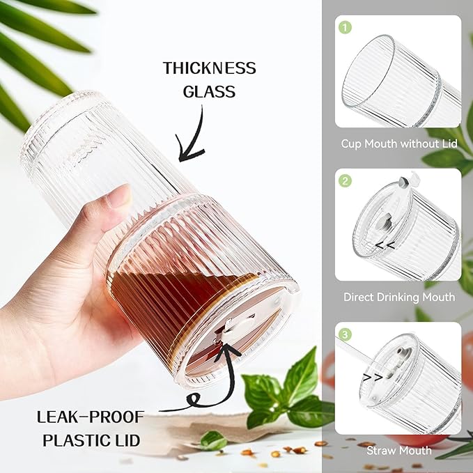 TUZAZO 20 Oz Glass Tumblers with Lids and Straws - 4 Pack Ribbed Glass Iced Coffee Cup with Straw and Lid, Thicken Glasses, Ideal for Smoothieds, Cocktails, and Juices