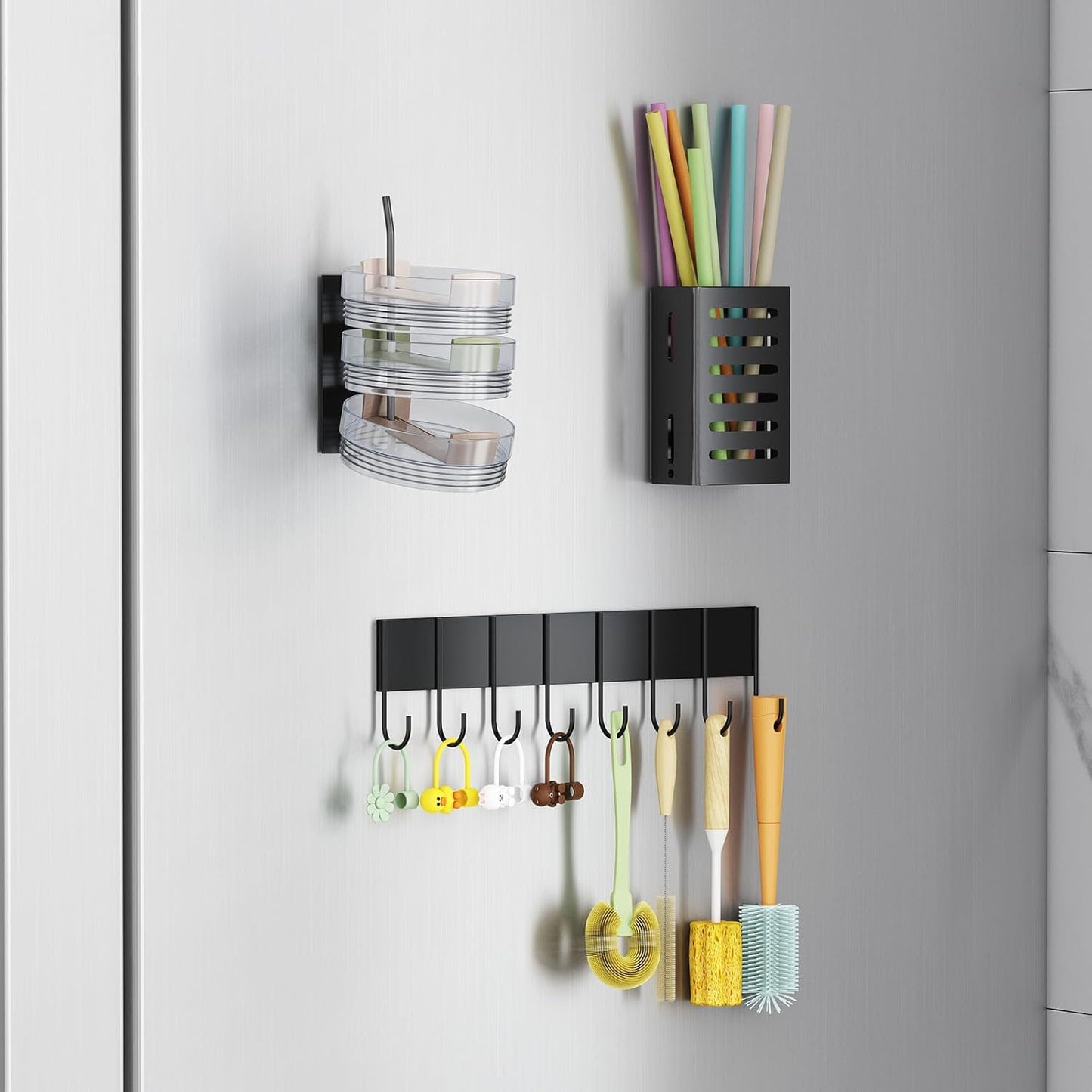 Magnetic Cup Holder for Fridge, Aufworld Tumbler Organizer with 8-Hook Rack, Fits 20/30/40 oz Stanley Cups, Accessory Storage with Lid & Straw Holder, Water Bottle Organizer for Kitchen Refrigerator