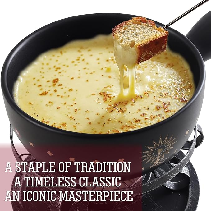 Artestia 2.11-Quart Swiss Fondue Pot Set for Cheese, Chocolate Melting Pot with 6 Fondue Forks and Swiss Vintage Pattern, Perfect for 6 People, 10 Piece (AR-83007)