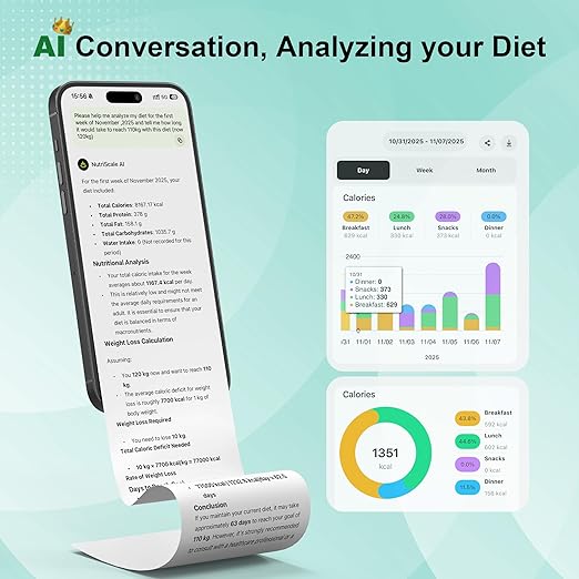 Ultrean Smart Food Kitchen Scale with Nutritional Calculator, Free App for Macro & Calorie Tracking, AI Scan, Digital Grams and Ounces for Weight Loss, Rechargeable, Stainless Steel, 33lb /15kg