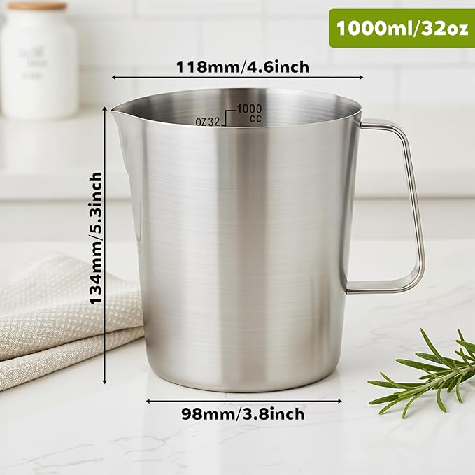 304 Stainless Steel Measuring Cup with Handle and Pour Lip, 32oz / 1000ml Metal Pitcher with Oz And ML Marking, 18/8 Stainless Steel Heavy-Duty Milk Frothing Jug for Latte Art Iced Tea Hot/Cold Water