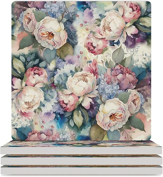 Square-4PCS Floral Drink Coasters, Square Modern Ceramic Absorbent Coasters, Watercolour Abstract Nature Plant Floral Colorful Wildflower Decor Desk Coffee Table Coaster for Beverage Cup Tea Coasters