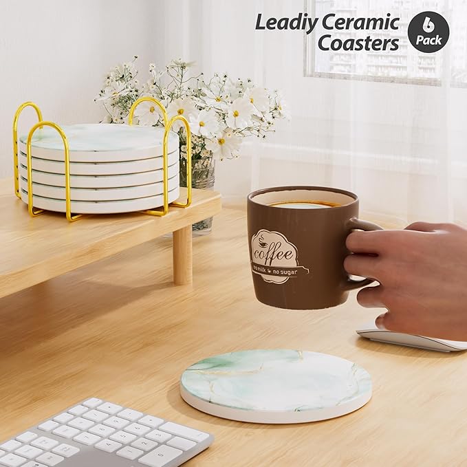 6Pcs/Set Marble Abstract Ceramic Coasters with Holder, Absorbent Drink Coasters, Coffee Cup Coaster,Round Ceramic Table Coasters Set Decorative