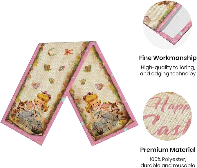 Vintage Easter Table Runner Easter Decorations - Pink Vintage Style Rabbit and Girl Happy Easter Spring Home Kitchen Dining Table Decor, Spring Party Decorations 13x72 Inch