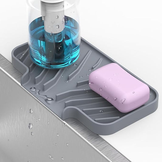 Sponge Holder for Kitchen Sink, 6"×4" High Slope Soap Tray, Silicone Sponge Holder with Drain, Dish Soap Mat for Shower Bathroom, Perfect for Bottle,Cup on Sink or Counter (Gray, 6×4)