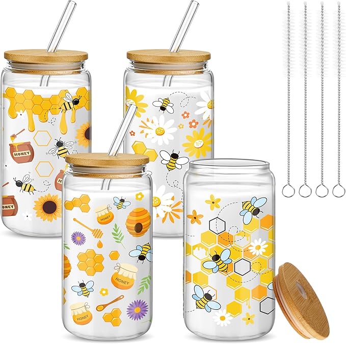 Mumufy 4 Pcs Glass Cup with Bamboo Lid & Straw, 16 oz Iced Coffee Tumbler Set of 4, Honey Bee Floral Glass Cups, Reusable Clear Drinking Glasses for Iced Coffee, Tea, Smoothies, Gift for Women