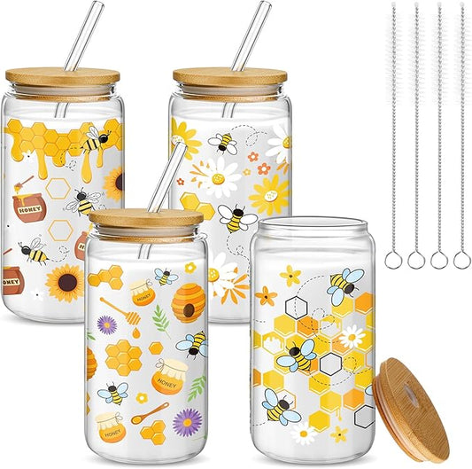 Mumufy 4 Pcs Glass Cup with Bamboo Lid & Straw, 16 oz Iced Coffee Tumbler Set of 4, Honey Bee Floral Glass Cups, Reusable Clear Drinking Glasses for Iced Coffee, Tea, Smoothies, Gift for Women