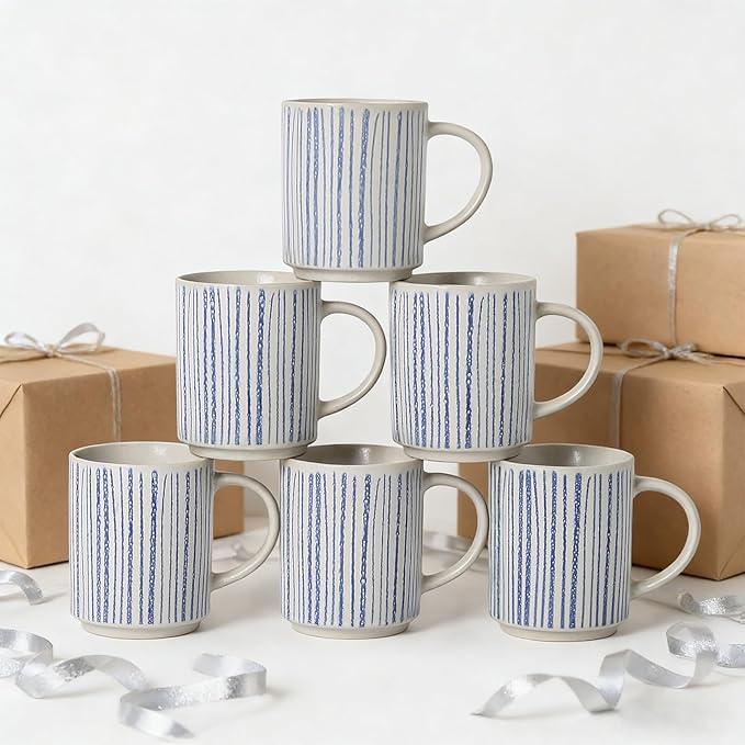 Ceramic Mugs Set of 6, Modern 17oz Coffee Mugs, Stackable Coffee Cups with Handpainted Blue Stripe Pattern, Dishwasher and Microwave Safe Mugs for Home & Office
