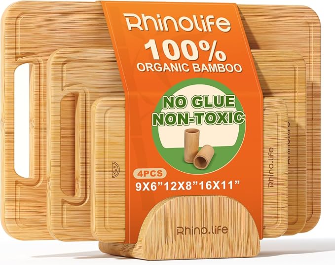 Healthy and Non Toxic & Totally Organic Bamboo Cutting Board Set,3 pack, No Glue & Plastic Free, Juice Groove, Non-solid Wood Cutting Board with hands for Kitchen for Meat, Vegetables and Fruits