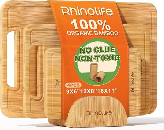 Healthy and Non Toxic & Totally Organic Bamboo Cutting Board Set,3 pack, No Glue & Plastic Free, Juice Groove, Non-solid Wood Cutting Board with hands for Kitchen for Meat, Vegetables and Fruits