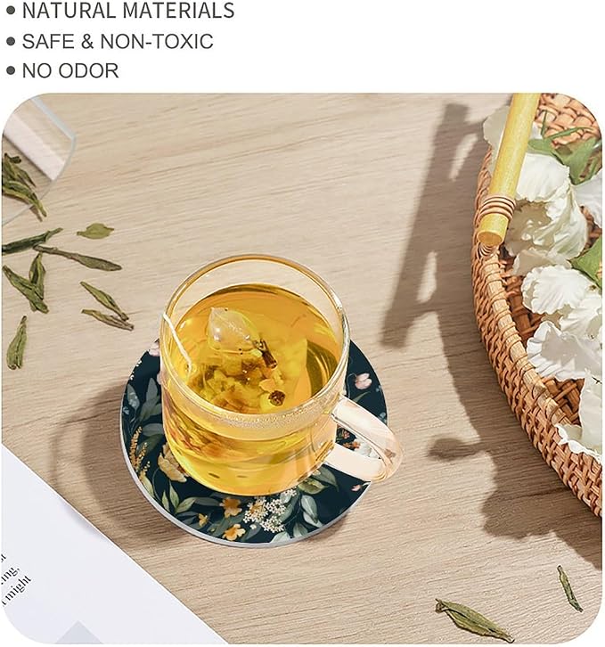 Round-4PCS Floral Ceramic Coasters, Round Absorbent Drink Coasters, Watercolour Leaf Flower Herb Nature Plant Floral Ceramic Table Coasters for Coffee, Beverage, Wine, Beer Coasters