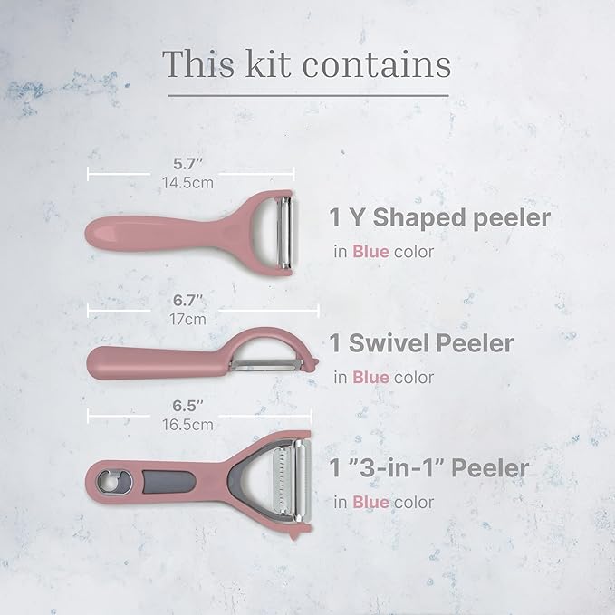 Vegetable Peeler 3-Piece Set – Swivel Cutter, Y-Shaped Slicer, and Julienne Peeler with Bottle Opener and Built-in Eye Remover – Stainless Steel Blade with Comfortable Handle for Kitchen – Pastel Pink