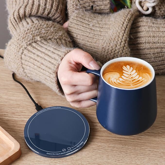 APEKX Warm Cup Coffee Mug Warmer Set - Smart Stable Constant Temperature 131°F, 15W Wireless Charging, 12.8 oz Capacity - Supports USB-C Interface, Automatic Power On/Off Function (4 H). (Deep Navy)
