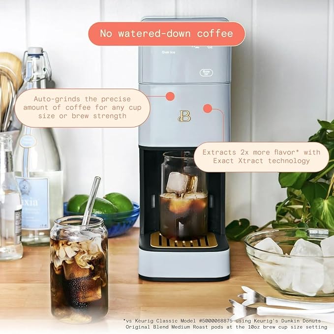Beautiful Perfect Grind Programmable Single Serve Coffee Maker, Burr Grinder, 64 oz Reservoir, 6 Brew Sizes by Drew Barrymore (Cornflower Blue)