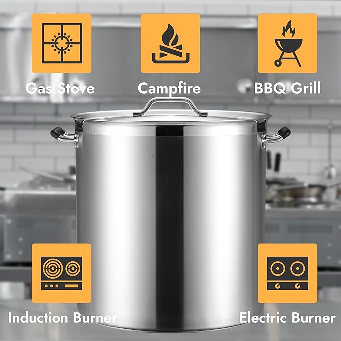 CURTA 100 Quart Large Stock Pot with Lid - Bottom Width 19.7 Inches - NSF Listed 3-Ply Clad Base 18/8 Stainless Steel Commercial Induction Ready Cookware