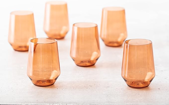 Fortessa Sole Outdoor Shatter Resistant BPA Free Premium Copolyester Plastic Drinkware 6 Pack, Terra Cotta Orange, Stemless Wine Glass