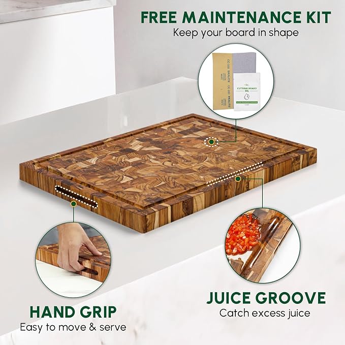 BEEFURNI Teak Wood End Grain Cutting Board (XL, 24x17x1.5"), Extra Large Wooden Cutting Boards for Kitchen, Serving & Charcuterie Boards, Premium Wood Cutting Board, Christmas Gifts, 1-Year Warranty
