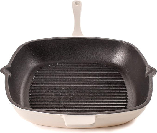 Berghoff Neo 2Pc Enameled Cast Iron Grill Set, Grill Pan 11 inches, Bacon/Steak Press 8 inches, Fast, Evenly Heat, Oven safe (Meringue)