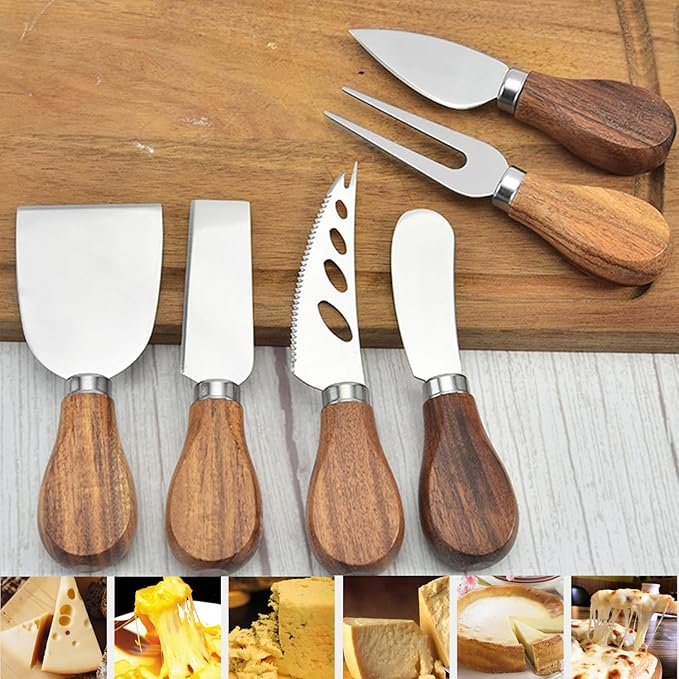 6Pcs Cheese Knife Set,Cheese Knives Cheese Slicer Cheese Cutter Cheese Fork,Cheese Spreading Knife,Wood Handle Stainless Steel Slicer for Charcuterie Boards Cutlery Gift Set