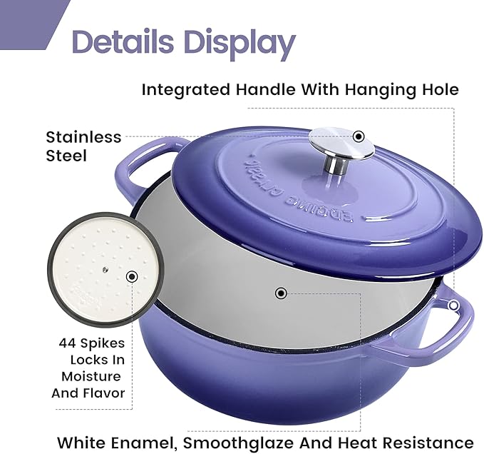 EDGING CASTING Enameled Cast Iron Duch Oven, 5.5 Quart Round Dutch Ovens Pot with Lid, Dual Handle for Bread Baking, Purple
