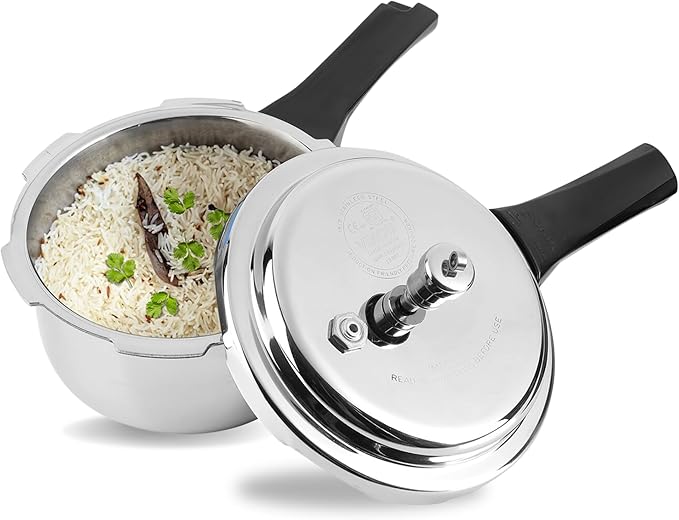 Vinod Platinum Triply Stainless Steel Outer Lid Pressure Cooker102 oz Capacity - ISI Certified, Silver, Induction Friendly, Pressure Cooker for Home Cooking