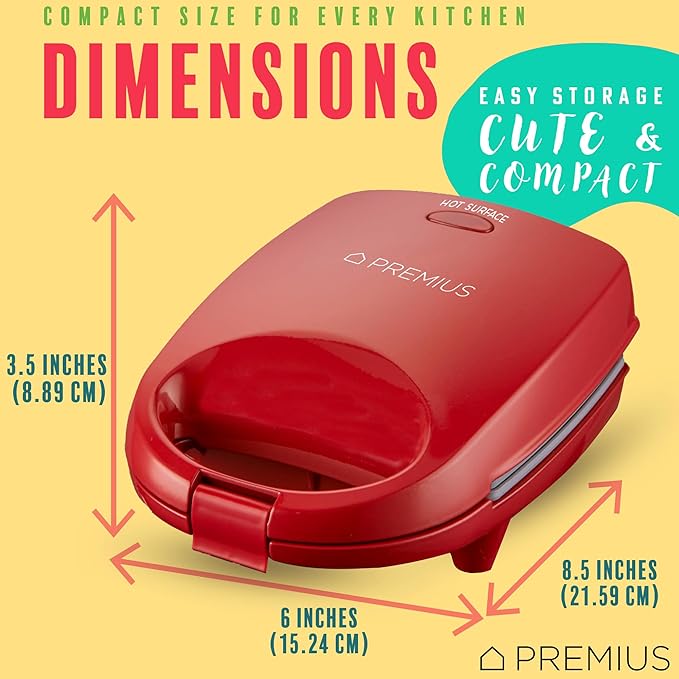 Ceramic NonStick Mini Snack Sandwich Maker, Indicator Light, 5x4.4 Inch Mold, Great for French Toast, Tuna Melt, Egg & Grilled Cheese, Pancake Sandwich, Desserts, Toasties, 520 W (Red)