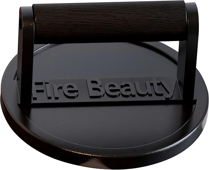 Fire Beauty Burger Press,Cast Iron 6.5" Enamel Surface Grill Press with Wood Handle,Food-Grade Smash Burger Press for Seared Bacon,Steak&Burger