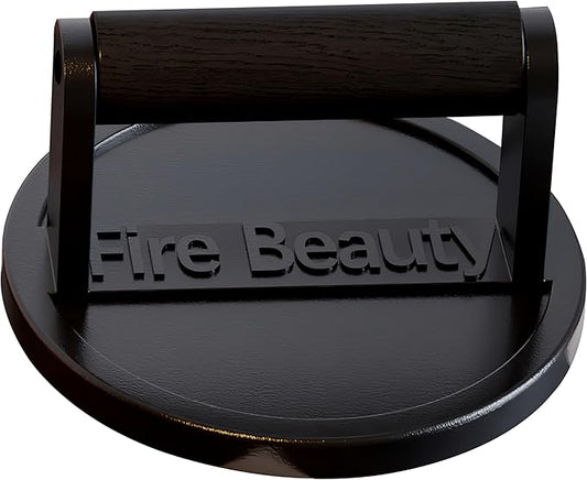 Fire Beauty Burger Press,Cast Iron 6.5" Enamel Surface Grill Press with Wood Handle,Food-Grade Smash Burger Press for Seared Bacon,Steak&Burger
