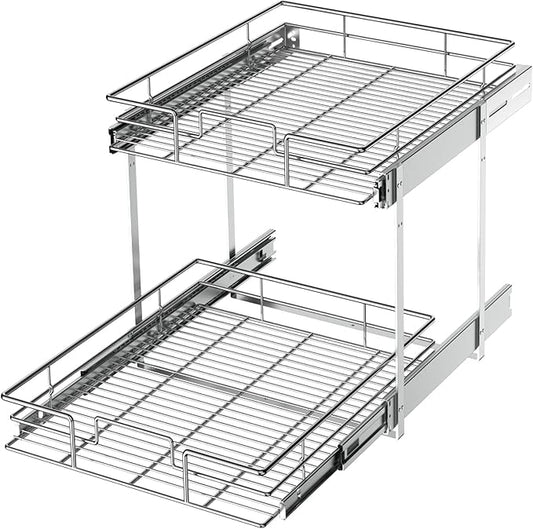 LOVMOR 2 Tier Individual Pull Out Cabinet Organizer 20" W x 21" D, Slide Out Kitchen Cabinet Storage Sliding Shelves
