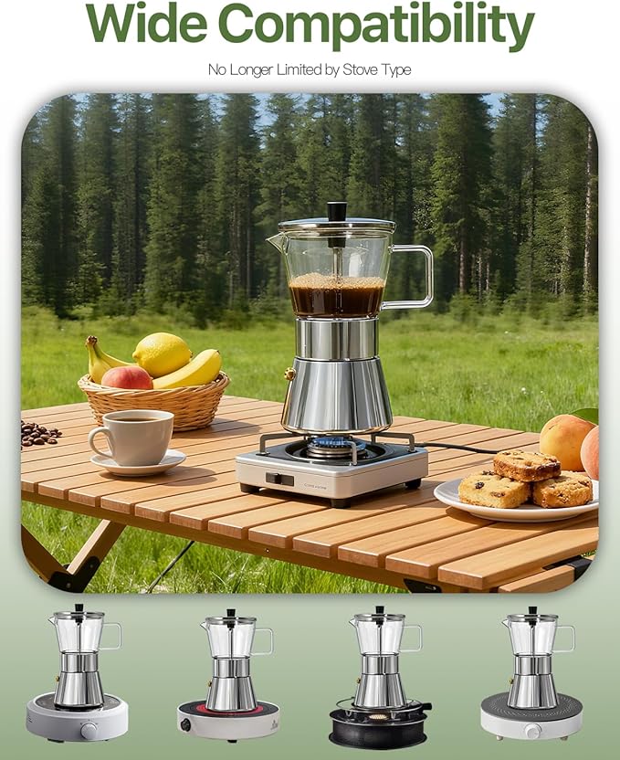 Grasseed Crystal Glass-Top Moka Pot, Polished Stainless Steel Stovetop Espresso Maker for Italian Coffee - 6 Cup/240ml/8.4oz