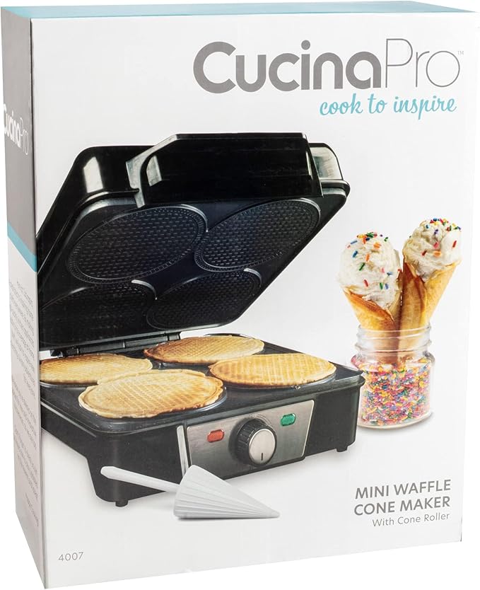 Mini Waffle Ice Cream Cone Maker - Bake 4 Homemade Mini Cones at Once, Includes Shaper Roller - Make Fun Bite Sized Entertaining Desserts for Holiday Parties, Special Occasions and Gift Giving Treats