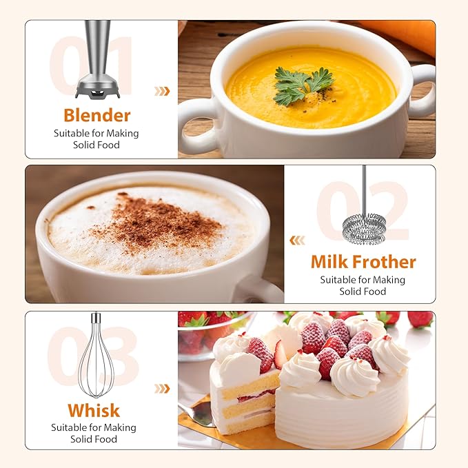 KOIOS Immersion Blender, 1000W Anti-scratch 3-in-1 Hand Blender, Upgraded 12 Speed Stainless Steel Blade Stick Blenders with Turbo Mode, Whisk and Milk Frother, Non-BPA