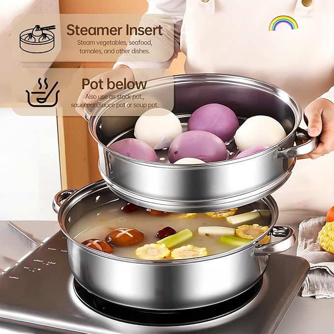 3-Tier Stainless Steel Steamer Pot with Lid, Multipurpose Steam Pots for Cooking, Vegetable & Dumpling Steamer Set with Durable Handles and Glass Lid for Fish, Meat, and Seafood