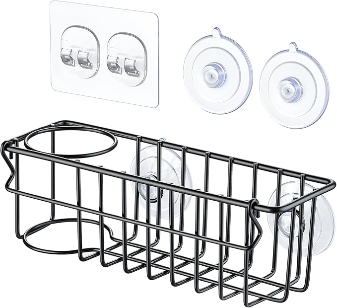 3-In-1 Sponge Holder for Kitchen Sink, 2 Type Suspension Options (Suction Cups & Adhesive Hook), Hanging Sink Organizer Rack - Sponge, Dish Cloth, Brush, Scrubber, 304 Stainless Steel - Black