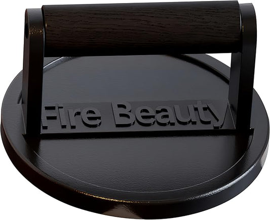 Fire Beauty Burger Press,Cast Iron 6.5" Grill Press with Wood Handle,Food-Grade Smash Burger Press for Seared Bacon,Steak&Burger,Pre-Seasoned