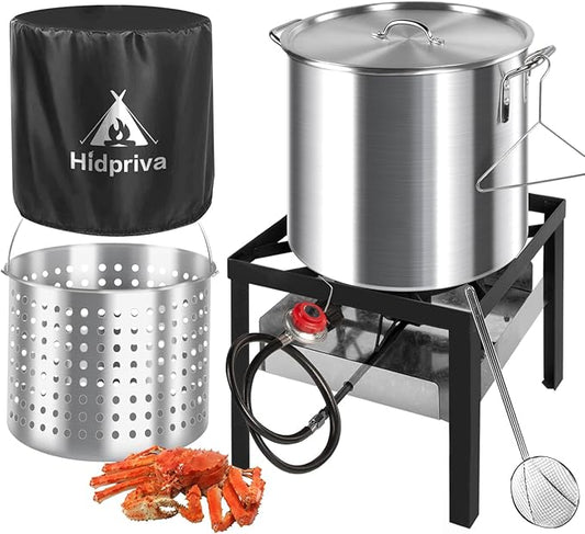 Hidpriva 60QT Crawfish Boiler Kit, Waterproof Cover & 12-inch Skimmer, 110,000BTU Propane Burner Stove, 0-20PSIG Regulator, Aluminum Seafood Boil Pot, Crab Boil Pot with Basket