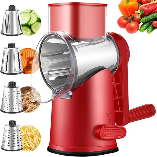Rotary Cheese Grater with 4 Blades, Large Hand Crank Cheese Grater with Waffle Slicer, Black and White Cheese Slicer with Suction Base, Easier for Shredding& Grating (red, 4 Graters)