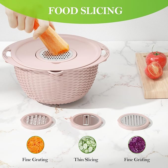 4-1 Strainer Bowl with Lid Set - Strainers and Colanders, Colander for Kitchen, Pasta Strainer, Fruit Cleaner, Veggie Wash, Funny Kitchen Present, Fruit Washing Bowl, Cooking Present for Women - Pink