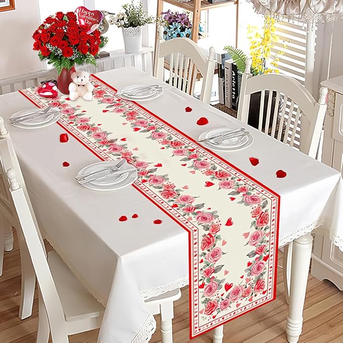 Valentine’s Day Rose Table Runner 13x72 Inch,Pink Red Love Heart Plant Spring Holiday Anniversary Table Decorations Farmhouse Kitchen Dinning Indoor Outdoor Home Party Decoration