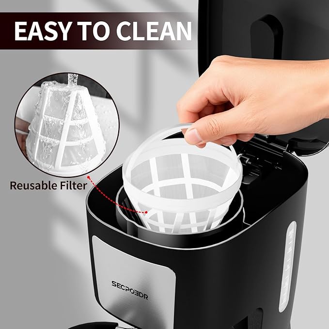 SECPOEDR 12-Cup Drip Coffee Maker with Reusable Filter,Programmable Clock,Auto Brew,Water Window,Keep Hot Plate,Glass Carafe,Compact Design for Kitchen,Office,Silver and Black,Stainless Steel
