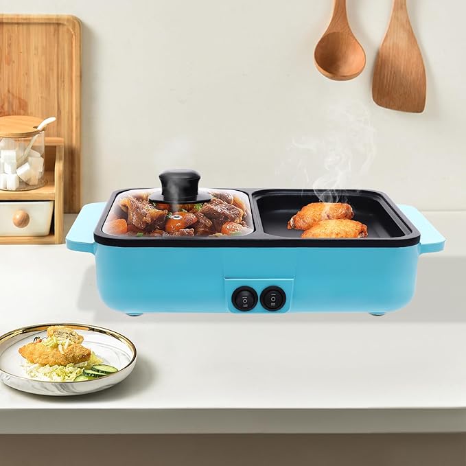 Hot Pot with Grill, Electric Hot Pot and Frying Pan, 2 in 1 Indoor Non-Stick Electric Hot Pot and Frying Pan, Blue Portable Electric BBQ Grill for Indoor Party Family Gatherings