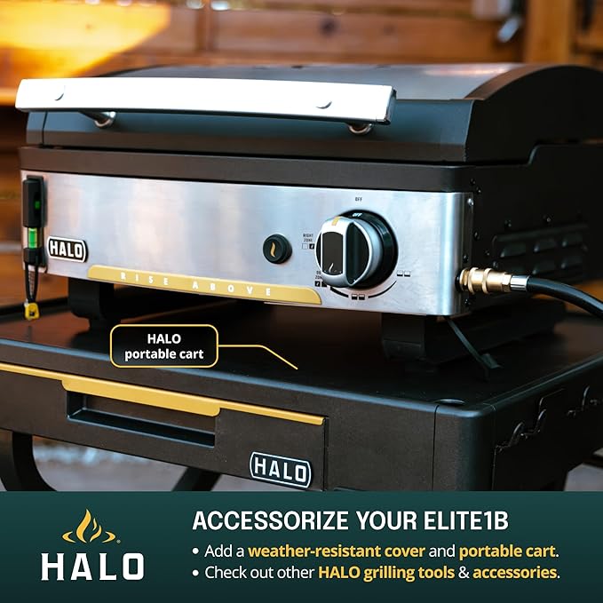 HALO Elite1B Outdoor Griddle | 2 Cooking Zones | 284sq. In. (21″ x 13.53″) Wind-Proof Cooking Surface | Portable Flat Top for Camping, Tailgates, and Patios | Propane Gas Grill | HZ-1007-ANA