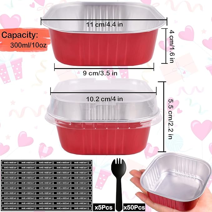 BZIDII 10oz Mini Cake Pans With Lids 50 Pack Aluminum Foil Square Brownie Baking Cups,4”x4” Disposable Loaf Pans With Lids and Spoons Stickers,Large Cupcake Pans Muffin Cake Tins Cake Container(Red)
