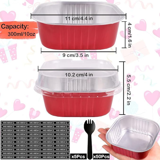 BZIDII 10oz Mini Cake Pans With Lids 50 Pack Aluminum Foil Square Brownie Baking Cups,4”x4” Disposable Loaf Pans With Lids and Spoons Stickers,Large Cupcake Pans Muffin Cake Tins Cake Container(Red)