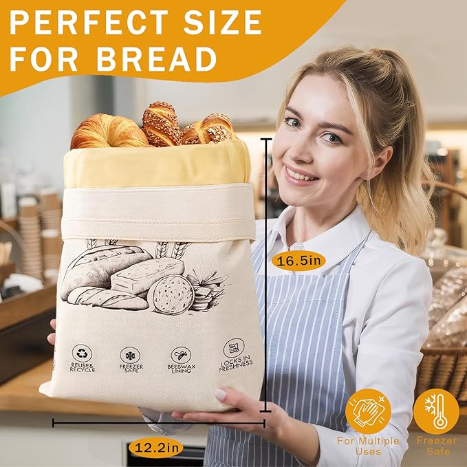 2-Pack Reusable Beeswax Bread Bags for Sourdough & Homemade Bread，Cotton Waxed Bags Keeps Fresh Longer(Ivory Loaf)
